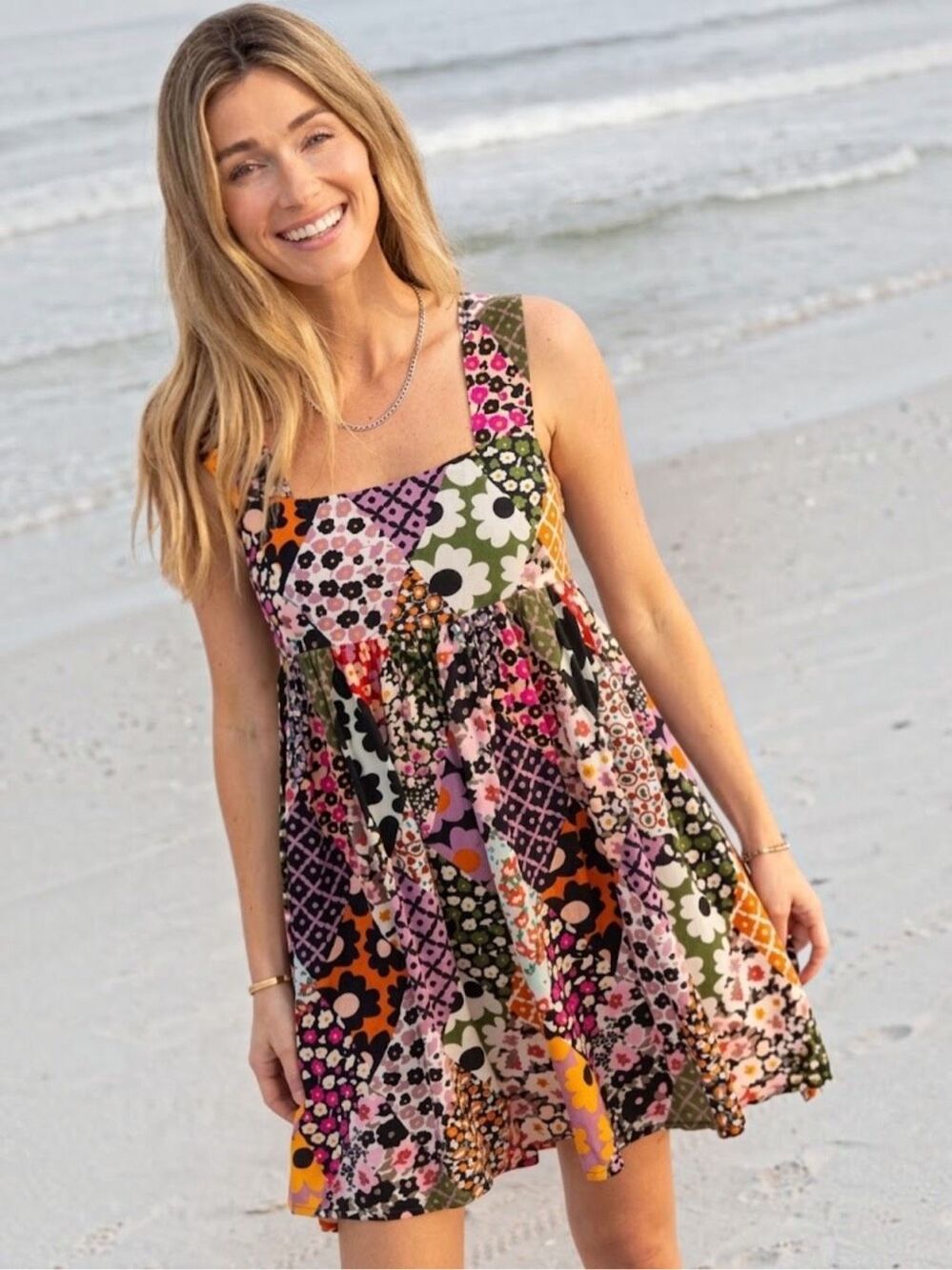 Natural Life Tricia Patchwork Floral Mini Dress Smocked Boho Cottagecore Small